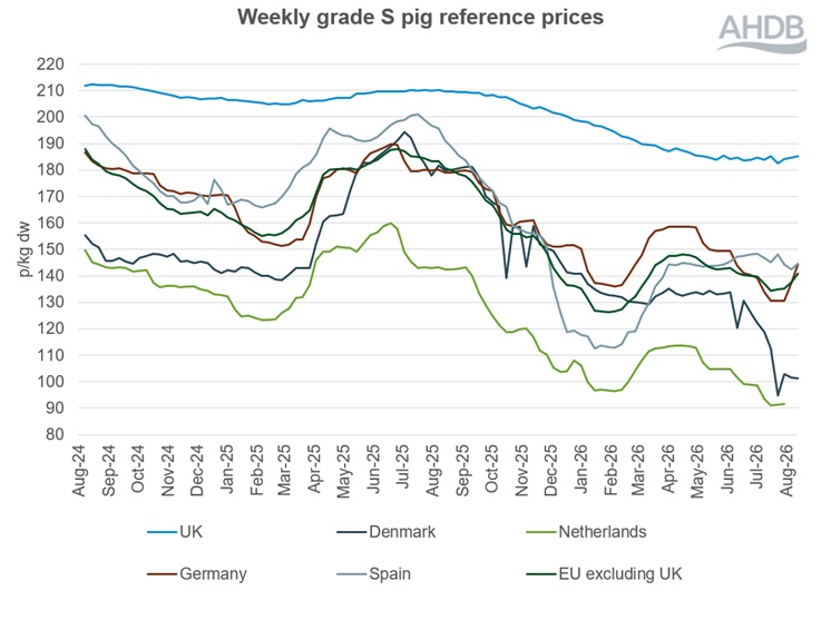 A line graph showing EU grade S pig prices from 4 August 2024 to 16 August 2026.